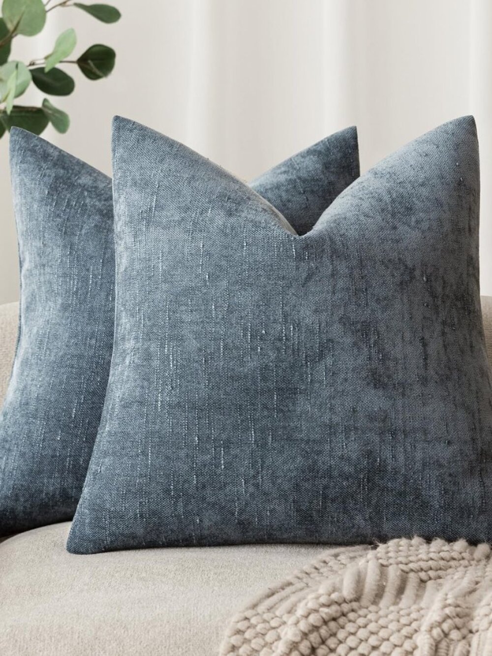 Solid Textured Chenille Throw Pillow Covers 18x18 Inch,Blue